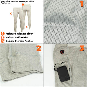 Mobile Warming Thermick heated baselayer features showing moisture wicking liner knitted cuffs and battery pocket