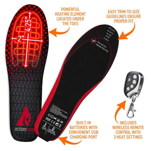 ActionHeat heated insoles with trim to size lines, built in batteries, USB port, and wireless remote control