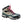 Hiking boot with blue rubber traction spikes and metal chains attached to the sole