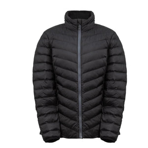 Black quilted puffer jacket with a high collar and central zipper