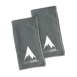 Two grey Alphacool cooling towels with white mountain logo