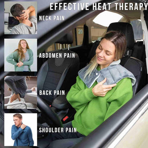 Woman using a grey heating pad on her neck and shoulders while sitting in a car with pain relief diagrams