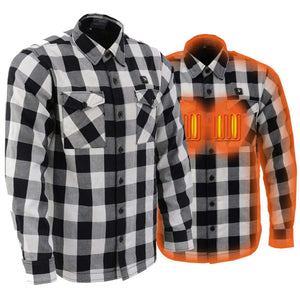Black and white plaid flannel shirt with internal heating elements highlighted in orange