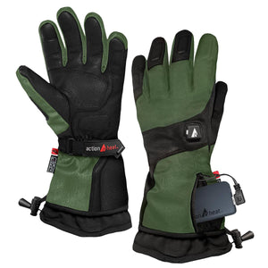 ActionHeat olive green and black heated gloves with battery pack in pocket