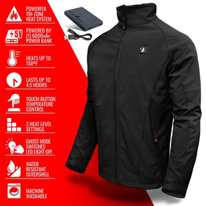 ActionHeat black heated jacket with power bank and feature list infographic