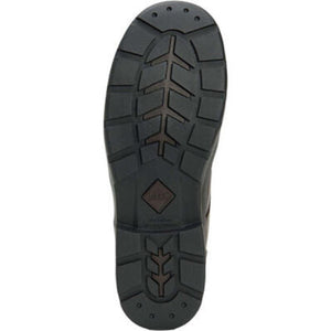 Black rubber lugged outsole of a Muck Boot with deep tread pattern