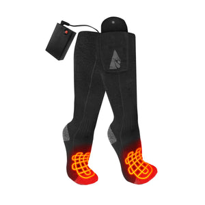 Black heated socks with battery packs and glowing red heating elements in the toe and foot area