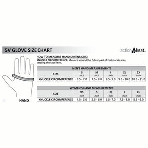 ActionHeat 5V glove size chart showing men and women hand measurements by knuckle circumference