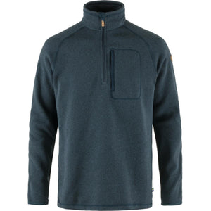 FjallRaven dark blue fleece sweater with a half zip and chest pocket