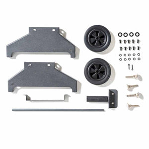Flat lay of metal brackets wheels axle and hardware kit for assembly