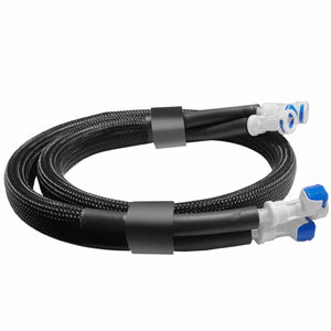 CompCooler black braided liquid cooling hose with white and blue quick connect fittings