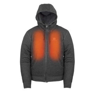 Charcoal grey zip up hoodie with glowing orange heated chest panels