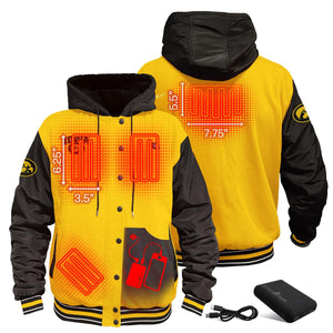 ActionHeat yellow and black heated varsity jacket showing heating element placement and power bank