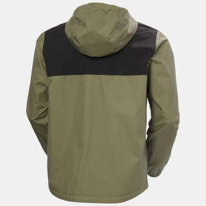 Back view of Helly Hansen olive green and black hooded rain jacket