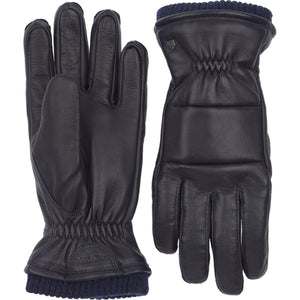 Hestra navy blue leather gloves with ribbed cuffs