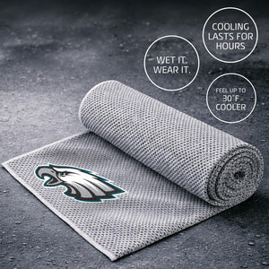 Philadelphia Eagles cooling towel with text overlays describing cooling features