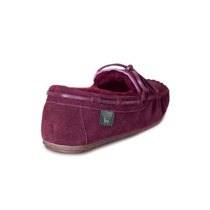Cloud Nine Sheepskin burgundy suede moccasin slipper with lace detail