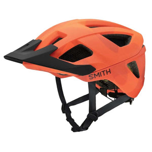 Smith orange mountain bike helmet with black visor and chin straps