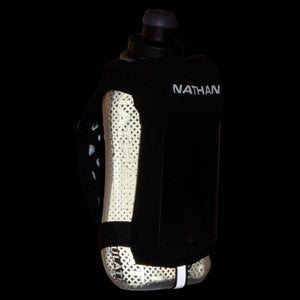Nathan handheld water bottle with black sleeve and reflective mesh detail