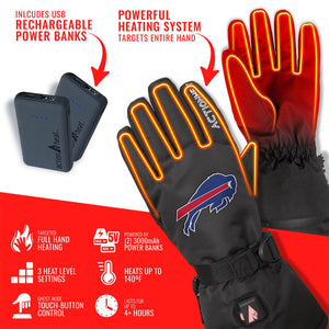 ActionHeat Buffalo Bills heated gloves with two USB rechargeable power banks and heating system specifications