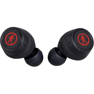 Black wireless earbuds with red Bigfoot logo