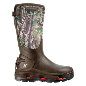Korkers waterproof brown rubber boot with camouflage upper shaft