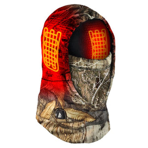 Heated camouflage balaclava with power button and internal heating element graphic