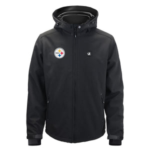 Black Pittsburgh Steelers softshell hooded jacket with front zipper and team logo