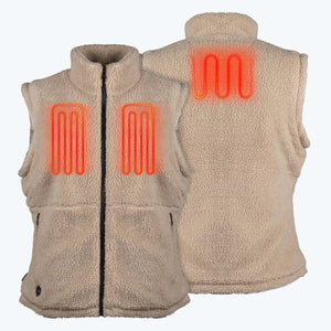 Mobile Warming beige fleece vest showing front and back heating element zones