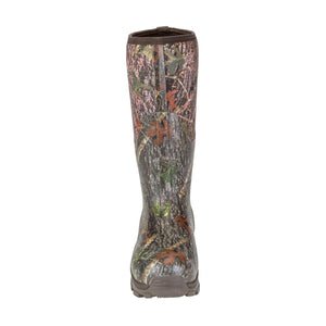 Dryshod knee high rubber boot with brown and green tree bark camouflage pattern