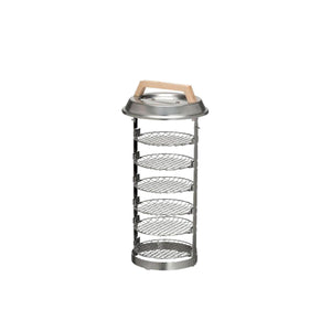 Vertical stainless steel grill rack with six circular mesh shelves and a wooden handle