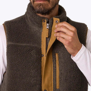 Mobile Warming olive green sherpa fleece vest with tan trim and snap button closure