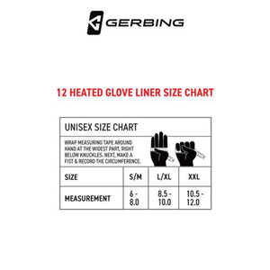 Gerbing unisex heated glove liner size chart showing hand measurement instructions and size ranges