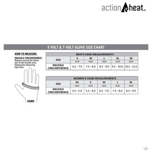 ActionHeat glove size chart showing knuckle circumference measurements for men and women