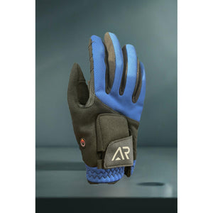 Blue and black heated glove with power button and AR logo on wrist strap