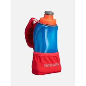 Nathan blue handheld water bottle with red strap and pocket