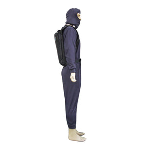Mannequin wearing a CompCooler black cooling backpack and navy blue full body suit