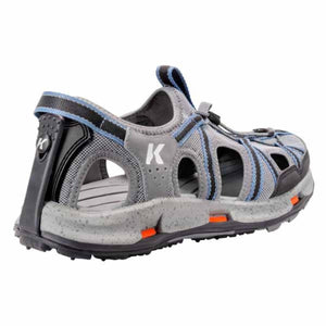 Korkers grey and blue water sandal with speckled midsole and heel strap