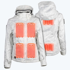 White patterned heated jacket showing front and back heating element zones
