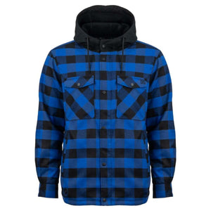 Mobile Warming blue and black plaid hooded flannel shirt with snap button closure and two chest pockets