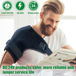 Man wearing a black shoulder heating pad while reading a newspaper