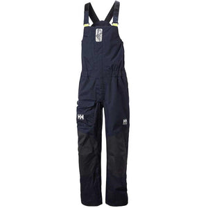 Helly Hansen navy blue waterproof bib overalls with reinforced knees and cargo pocket
