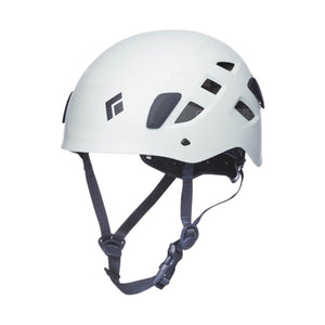 White Black Diamond climbing helmet with ventilation ports and adjustable chin strap