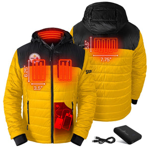 ActionHeat Steelers heated jacket showing heating element locations and battery pack