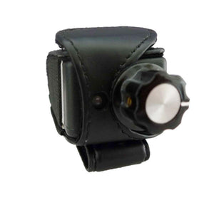 Black leather strap mount with a circular adjustment knob and silver center