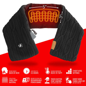 ActionHeat black cable knit heated scarf with heating element dimensions and feature icons