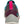 Rear view of Muck waterproof sneaker with grey textured upper and pink pull tab