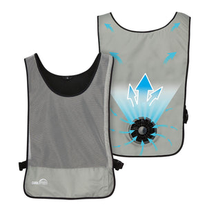 Coolspring cooling vest with integrated fan and airflow arrows