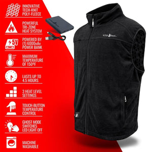 ActionHeat black fleece vest with power bank and list of technical features