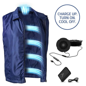 AlphaCool blue cooling vest with two portable fans and a power bank